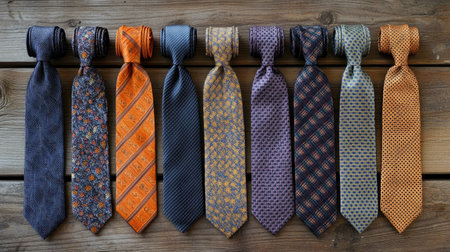 A top view of various patterned ties displayed on a wooden surface, perfectly aligned and showcasing a range of colors.の素材