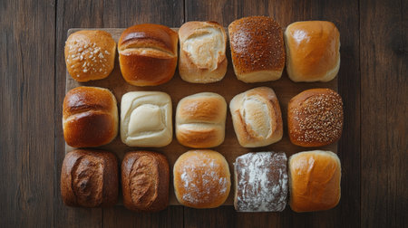 A flat lay of different types of bread rolls on a textured wooden surface, perfect for a rustic breakfast.の素材