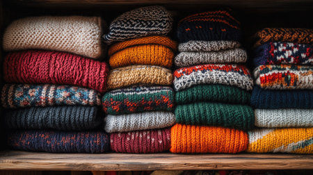 A top view of neatly arranged colorful sweaters stacked on a wooden shelf, showcasing various textures and patterns.の素材