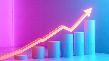Radiant bar graphs with a glowing upward arrow, symbolizing continuous improvement.の素材