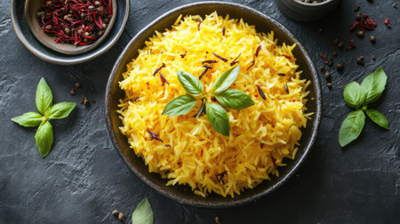 Top view of a serving of rice pilaf with saffron, golden and fragrantの素材