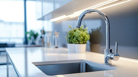 Modern kitchen sink with a detachable sprayer, polished countertop, and a clean design, ideal for a functional cooking space.の素材