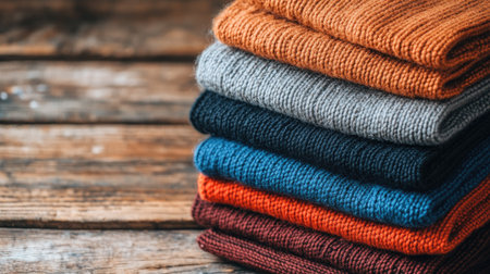 A top view of a stack of neatly folded knit sweaters in various colors, arranged on a wooden table.の素材