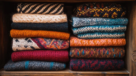A top view of neatly arranged colorful sweaters stacked on a wooden shelf, showcasing various textures and patterns.の素材
