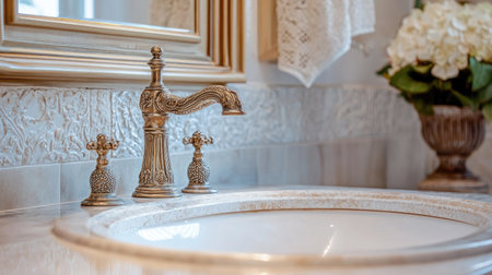Elegant vintage sink with an ornate faucet and classic design, set against a beautifully decorated bathroom with timeless charm.の素材