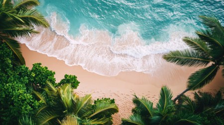 A top view of the sea with gentle waves lapping at a sandy beach, framed by palm trees and tropical vegetation.の素材