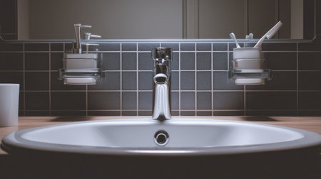 Close-up of a sleek ceramic bathroom sink with a minimalist faucet, set against a beautifully tiled wall and modern decor.の素材