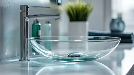 Close-up of a sleek glass bathroom sink with a contemporary faucet, set against a minimalist countertop and modern decor.の素材