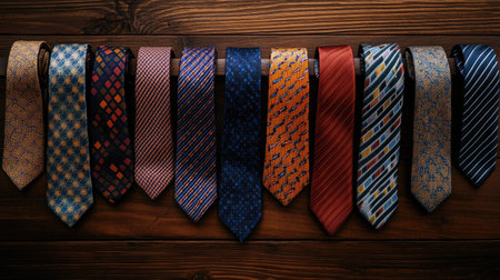 A top view of various patterned ties displayed on a wooden surface, perfectly aligned and showcasing a range of colors.の素材