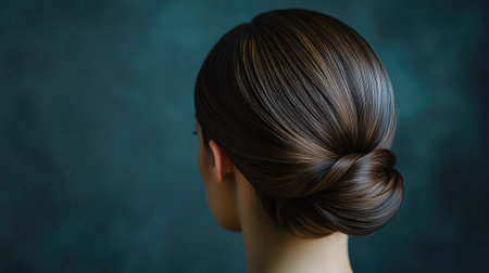 A close-up of a sleek chignon, with hair smoothly twisted into a low bun, perfect for a polished, professional style.の素材