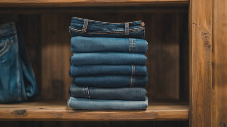 A top view of a stack of neatly folded jeans in different washes, arranged on a wooden shelf.の素材