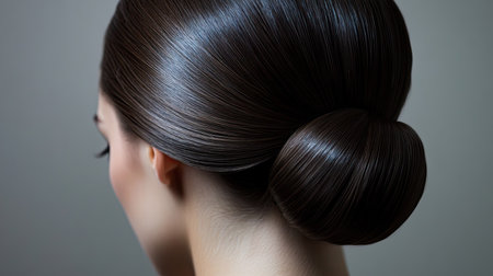 A close-up of a sleek chignon, with hair smoothly twisted into a low bun, perfect for a polished, professional style.の素材
