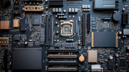 A flat lay of computer components, including a motherboard, RAM, and CPU, arranged on an anti-static mat.の素材