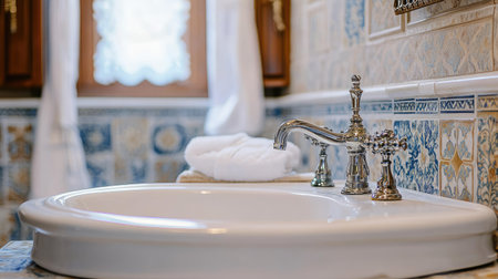 Elegant vintage sink with an ornate faucet and classic design, set against a beautifully decorated bathroom with timeless charm.の素材