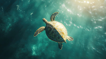 A top view of a sea turtle swimming gracefully in the open ocean, with sunlight filtering through the waterの素材