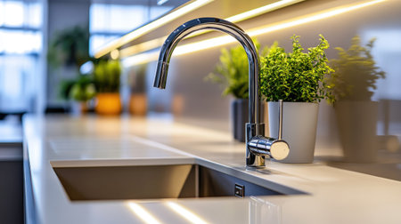 Contemporary kitchen sink with a high-tech faucet, integrated soap dispenser, and stylish countertop in an elegant kitchen setting.の素材