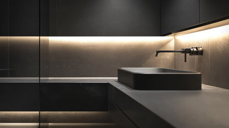 Modern bathroom sink with a minimalist design, wall-mounted faucet, and elegant vanity, creating a sophisticated space.の素材
