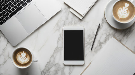 A flat lay of a laptop, smartphone, and tablet on a marble surface, surrounded by coffee, notepads, and pens.の素材