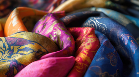 A close-up of a collection of silk scarves in vibrant colors and patterns, artistically draped over a table.の素材