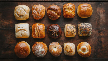 A flat lay of different types of bread rolls on a textured wooden surface, perfect for a rustic breakfast.の素材