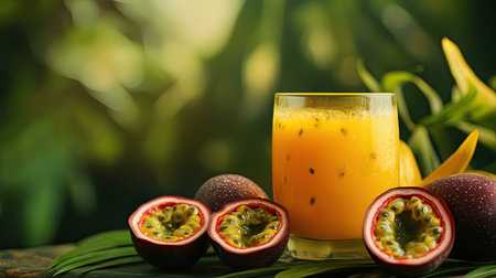 A vibrant scene with a glass of passion fruit juice and halved passion fruits on a tropical table.の素材