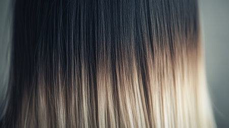 A close-up of long, straight hair with subtle ombre color, transitioning from dark roots to lighter ends, creating a stylish look.の素材