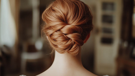 A back view of a twisted updo with hair neatly pinned, creating a sophisticated and timeless hairstyle.の素材
