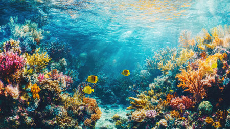A vibrant underwater view of colorful coral reefs and tropical fish in clear, blue sea water.の素材