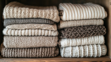 A top view of a selection of folded sweaters in neutral tones, neatly stacked on a wooden shelf.の素材