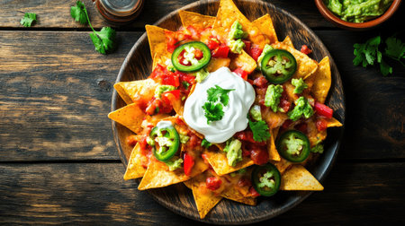 Spicy Mexican nachos with cheese, jalapenos, guacamole, and sour cream on a plate, top viewの素材