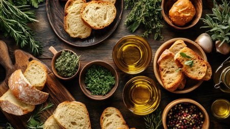 A top view of a rustic table filled with different types of bread, herbs, and olive oil for dipping.の素材
