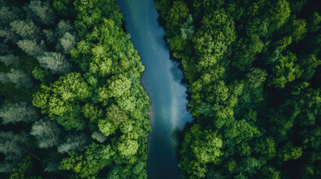 River flowing through a dense forest, symbolizing the importance of preserving natural waterwaysの素材