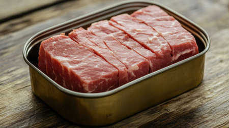 Open can of corned beef, the meat block fitting snugly in the tinの素材