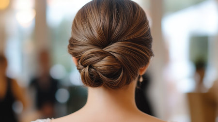 A back view of a twisted updo with hair neatly pinned, creating a sophisticated and timeless hairstyle.の素材