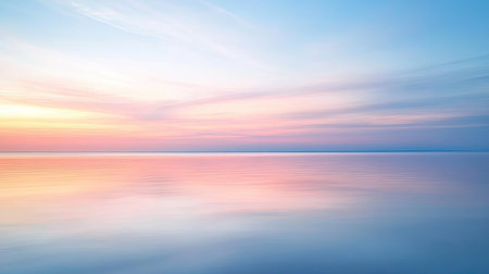 A serene early morning sea view with soft pastel skies reflecting on calm water, creating a tranquil sceneの素材