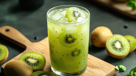 A refreshing kiwi juice in a glass with ice cubes, surrounded by sliced kiwis and a cutting board.の素材