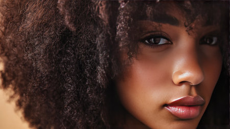 A close-up of natural afro-textured hair styled in a rounded afro, highlighting the hair volume and curl pattern.の素材
