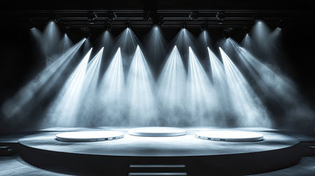 A stunning stage setup featuring bright spotlights and a misty atmosphere, perfect for capturing the essence of performance art and theatrical events.の素材