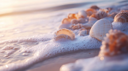 A close-up of gentle waves washing over seashells on a sandy beach, creating a peaceful seaside atmosphere.の素材