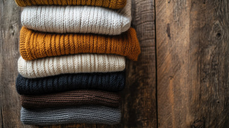 A top view of a selection of folded knitwear in earthy tones, neatly stacked on a wooden table.の素材