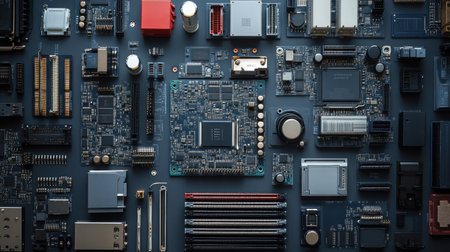 A flat lay of computer components, including a motherboard, RAM, and CPU, arranged on an anti-static mat.の素材