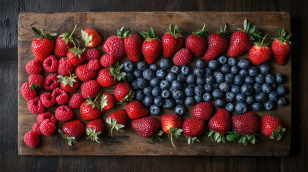 Freshly picked strawberries, raspberries, and blueberries arranged on a wooden board, top viewの素材