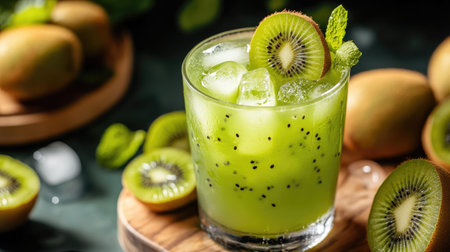A refreshing kiwi juice in a glass with ice cubes, surrounded by sliced kiwis and a cutting board.の素材