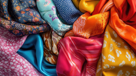 A close-up of a collection of silk scarves in vibrant colors and patterns, artistically draped over a table.の素材