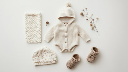 A flat lay of baby clothing essentials, including a onesie, hat, and booties, arranged on a soft, neutral background.の素材