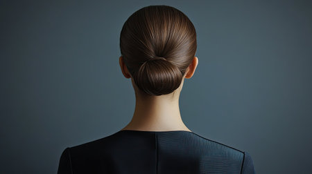A back view of a high bun with sleek, pulled-back hair, creating a chic and elegant look for formal occasions.の素材
