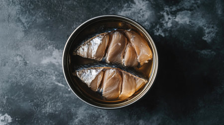 A top view of a can of mackerel in brine, with the fish fillets visibleの素材