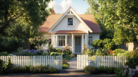 Traditional house with a well-maintained facade, picket fence, and landscaped garden, representing suburban charm.の素材