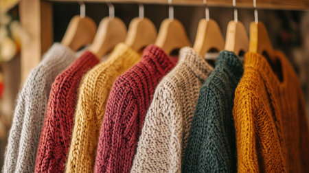 A close-up of a selection of cozy knit sweaters in various colors, hanging on a row of wooden hangers.の素材