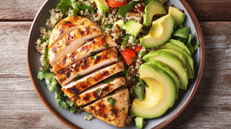 Grilled chicken breast with quinoa salad and avocado slices on a plate, top viewの素材